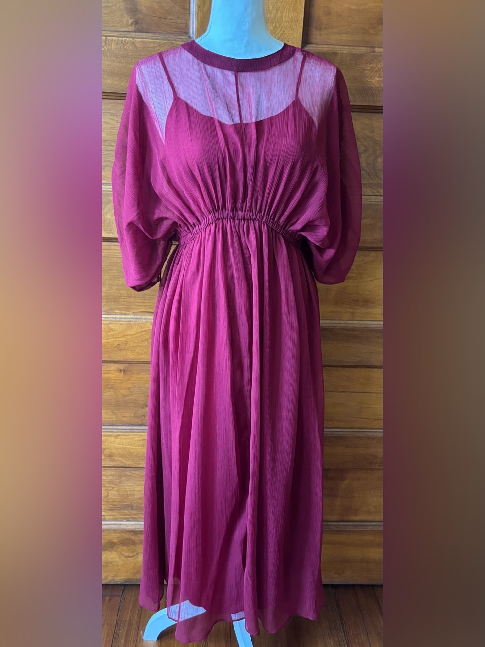 Sheer Overlay Waist-Defined Maxi Dress - Burgundy